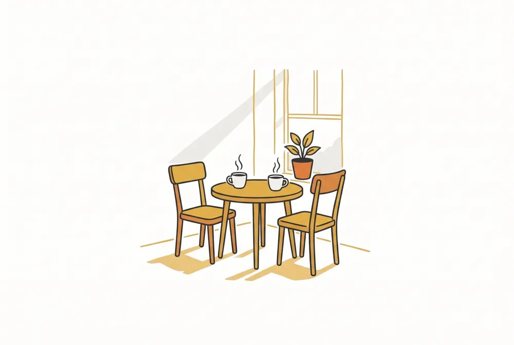 Ilustración de dos tazas de café en una mesa con dos sillas frente a frente